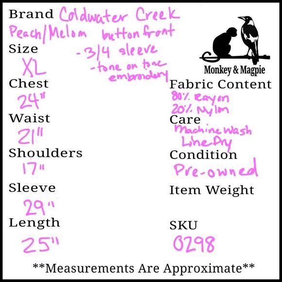 Coldwater Creek Women’s Shirt XL Peach Melon Textured Floral Stripes 3/4 Blouse - Picture 10 of 10